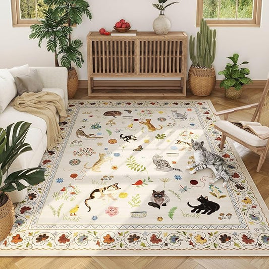 Rugcomf Living Room Rug 5x7 Rug Machine Washable Boho Area Rug Non Slip Floral Animal Cat Vintage Low Pile Large Rugs for Living Room Bedroom Farmhouse Dining Room Kids Playroom, Beige