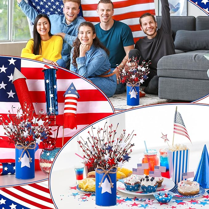 4th of July Table Centerpiece Decoration Patriotic Artificial Flower Stems Star Shaped Berry Picks with Metal Vase Pot for Independence Day Memorial Day Office Home(Blue and White)