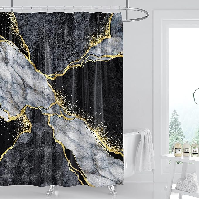 Domoku Black Gold Marble Shower Curtain, Modern Abstract Design, Waterproof Washable Fabric, 72 X 78