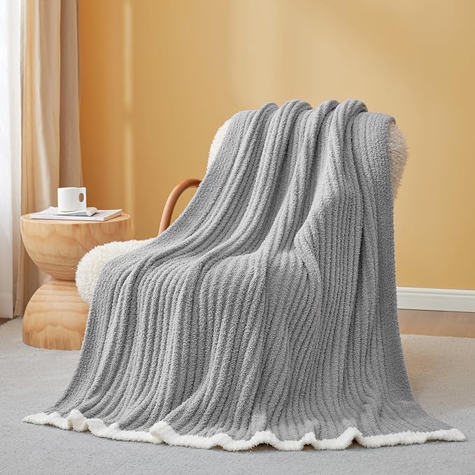 Snuggle Sac Ribbed King Size Blanket for Bed, Cozy Soft Fuzzy Microfiber Knit Stripe Bedding Blankets, Grey, 108x90 inches