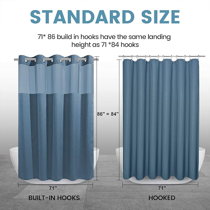 Moonlight Blue Long No Hook Shower Curtain with Snap in Liner,230GSM Waffle Weave Shower Curtains for Bathroom,71W x 86H