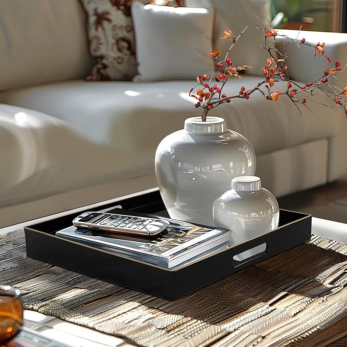 MAONAME Decorative Tray, Black Serving Tray with Handles, Coffee Table Trays, Square Plastic Trays for Ottoman, Bathroom, Kitchen, 13"x13"x1.57"