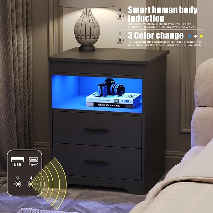 Nightstand with Gun Drawer, Charging Bedside Table with USB & Type-C Port, LED Night Stand with Human Sensor Light, Modern End Table with Drawers for Bedroom Office, Grey