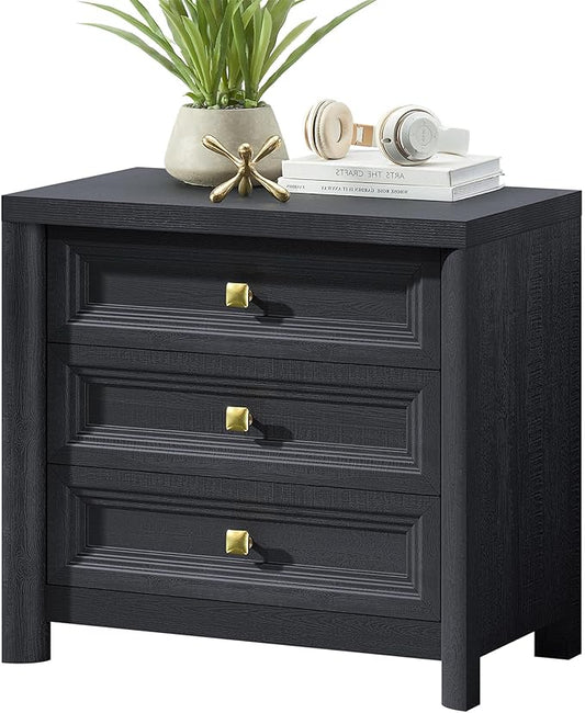Farmhouse Black Nightstand with 3 Drawers, Rustic Bedside Table with Storage, Large Bed Side Table for Bedroom Living Room Home Office Furniture 24.8” Tall Nightstand with Gold Knobs