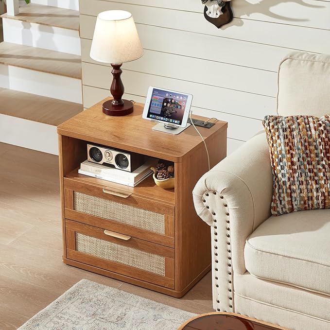 LEYAOYAO Rattan Night Stand with Charger Station, 23" Wide Boho Nightstand with 2 Drawers, Natural Wood Bedside Table Open Storage Cabinet, Bed Side End Tables Dresser for Bedroom, Living Room Hallway