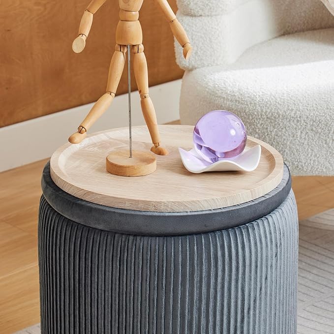 Round Ottoman with Storage Set of 2-Upholstered Velvet Vanity Stool for Makeup Multifunctional Ottomans Coffee Table Padded Seat Foot Rest for Living Room&Bedroom (Light Grey-Upgrade Tray Lid)