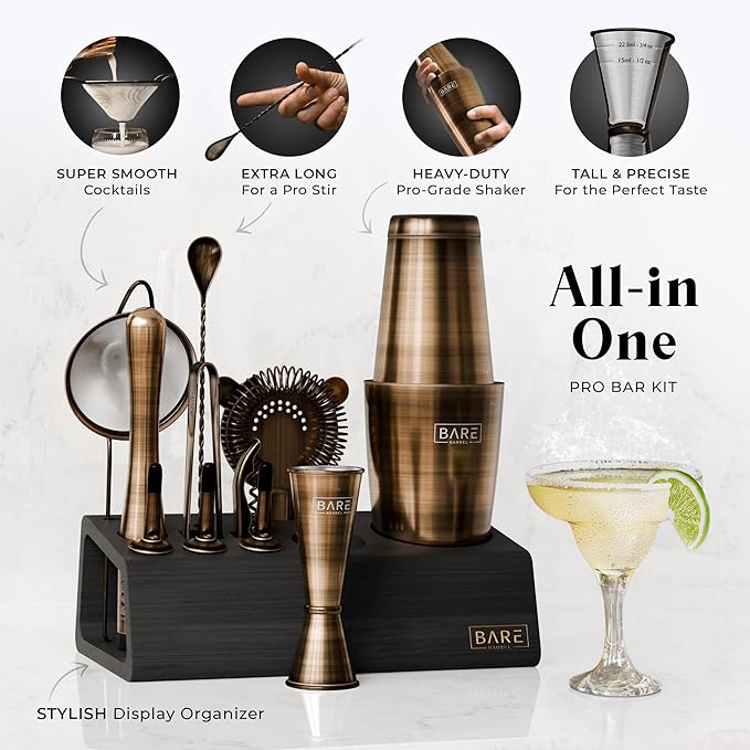 BARE BARREL® Mixology Bartender Kit Bar Set | 14-Piece Cocktail Shaker Set | Martini Barware Mixing Tools for Home Bartending | Incl. 35 Recipe Cards | Gift Set (28oz Boston Shaker, Brass/Black)