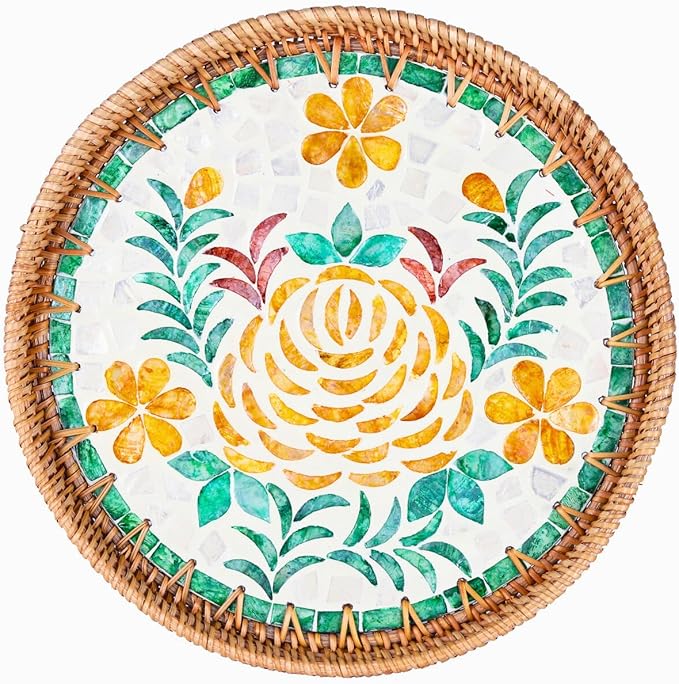 Rattan Serving Tray with Mother of Pearl, Round Coffee Table Tray Decor, Boho Decorative Round Hand-Woven Wicker Home Decor (Peony Flower, 12 inch)