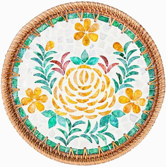 Rattan Serving Tray with Mother of Pearl, Round Coffee Table Tray Decor, Boho Decorative Round Hand-Woven Wicker Home Decor (Peony Flower, 12 inch)