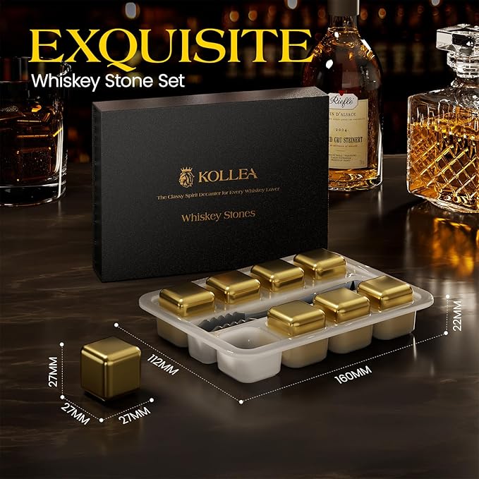 Kollea Whiskey Stones, 8-Pack Golden Stainless Steel Whiskey Chilling Rocks, Reusable Ice Cube for Drinking, Rum Cocktail Drink Accessories, Bartender Kit, House Warming Gifts New Home, Drinking Bar
