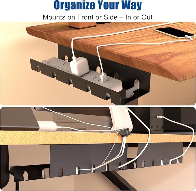 2 Pack Under Desk Cable Management Tray, Metal Wire Management Standing Desk Cord Organizer Power Strip Holder with Cable Ties and Clips for Home Office, Black