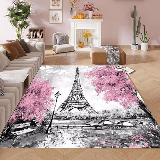 kxry 5 * 7 Feet Pink and White Paris Eiffel Tower Soft Area Rugs for Kids Girls Women Couple Lover Flower Floor Carpet for Living Room Bedroom Dorms Nursery Rooms Home Decor Aesthetic