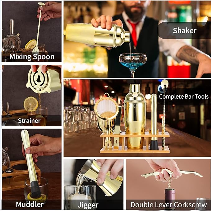 Bartender Kit 11-Piece Cocktail Shaker-Muddler for Cocktails 25oz Boston Shaker-Bar Accessories with Stylish Bamboo Stand Mix Drink Shaker kit Perfect Martini kit with Cocktail Recipes Booklet