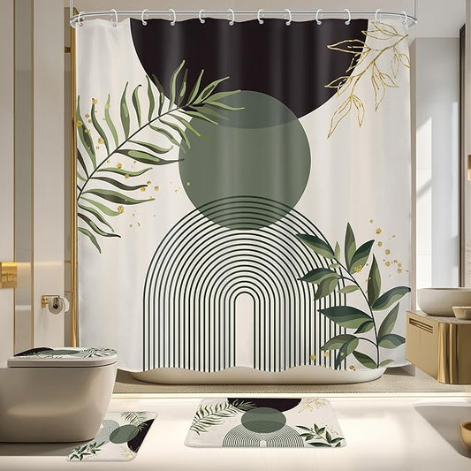 4 PCS Dark Green Boho 72Wx72H Shower Curtain Set Modern Mid Century Leaves Plant Bath Rug Toilet Lid Cover Nonslip U Shape Mat Quick Dry Accessories Bathroom Decor with 12 Hooks