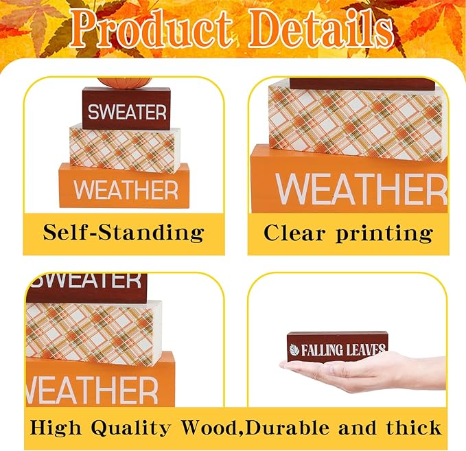 4 Pcs Pumpkin Fall Decor Fall Tiered Tray Decor Autumn Wooden Sign Hello fall Table Decoration Rustic Block Signs Centerpieces Wood Farmhouse Vintage Ornaments Gift for Thanksgiving Home Kitchen