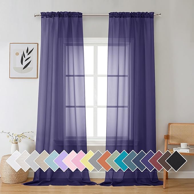 Aiyufeng Purple Sheer Curtains 96 Inches Long 2 Panels Set, Light Filtering Soft Airy Voile Rod Pocket Purple Sheer Window Drapes for Bedroom Living Room, Each 42Wx96L Inches