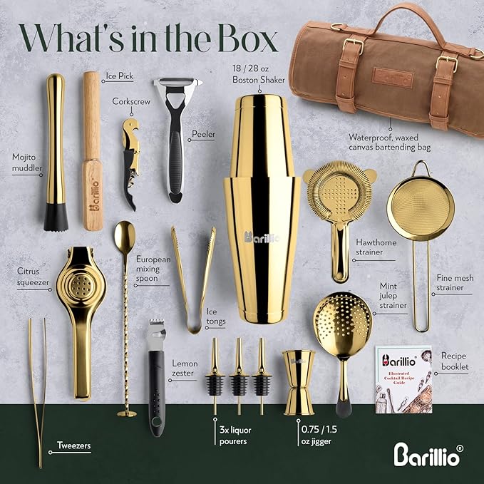 Barillio Bartender Kit Bag with Gold Cocktail Shaker Set - Waxed Canvas, Traveling Bar Tools Bag with 17-Pc Cocktail Kit - Travel Mixology Bartending Kits - Mobile Bar Roll with Strap & Accessories