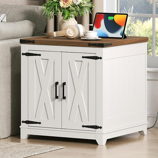 Farmhouse Side Table, Large End Table with Charging Station, Sofa Side Table with Adjustable Shelf and Barn Door, Wooden Nightstand for Living Room, Bedroom, Office, White and Walnut