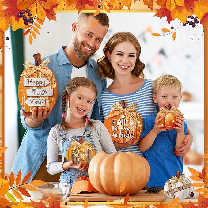 5 Pcs Classic Fall Pumpkin Decor for Home Thanksgiving Wooden Table Centerpiece Decorations Fall Wooden Pumpkin Signs for Autumn Farmhouse Home Living Room Kitchen Mantle Tabletop Supplies