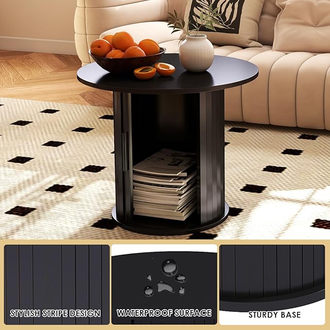 Round Wood Coffee Table 23.6IN with Hidden Storage & Sliding Door, Circle Farmhouse Side Table Sets for Living Room, Bedroom, Balcony, Small Spaces, Black