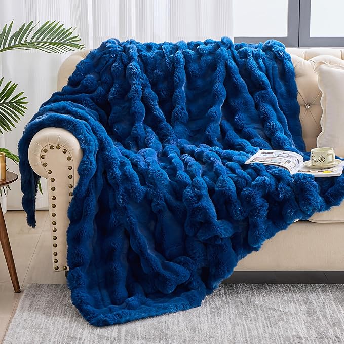 Luxury 1000GSM Faux Rabbit Fur Throw Blanket, Super Heavy Warm Cozy Blankets for Couch Bed Sofa, Bubble Plush Fuzzy Elegant Soft Reversible Mink Blanket for Living Room Bedroom, Navy Blue