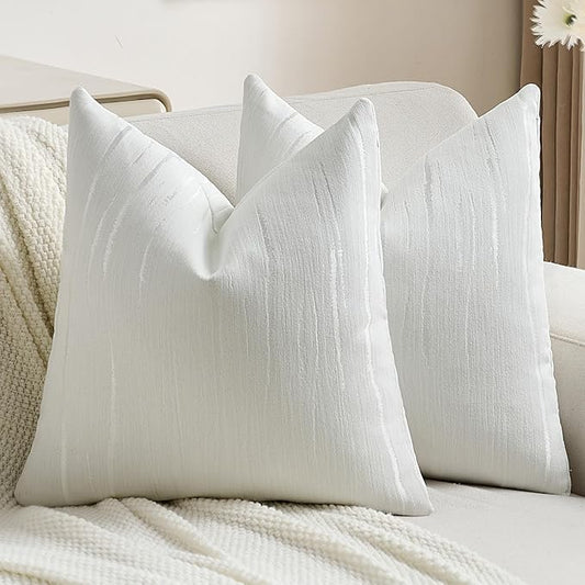 FUTEI White Chenille Decorative Throw Pillow Covers 24x24 Inch Set of 2,Soft Embossed Striped Textured European Cushion Case,Modern Home Decor for Couch Bed Living Room