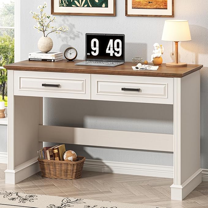 Farmhouse Executive Desk, 48 Inch Computer Desk with 2 Drawers, Simple Home Office Writing Desk Workstation for Bedroom Study Small Spaces, White and Brown