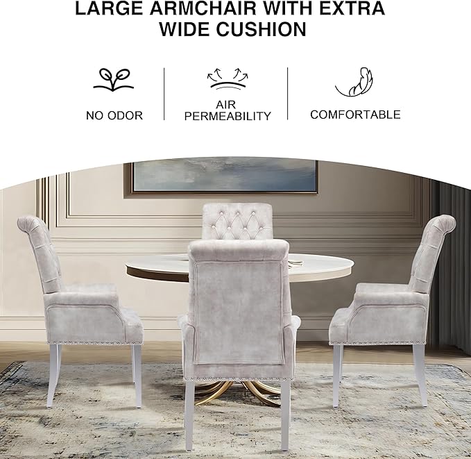 AODCHR Upholstered Velvet Accent Dining Chair, Elegant Tufted Dining Room Kitchen Room Arm Chair with Stainless Steel Leg, Beige