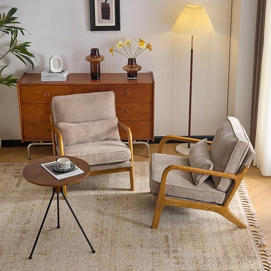 VINGLI Chenille Mid-Century Modern Accent Chair Set of 2, Cute Reading Arm Chair with Cushion & Lumbar Pillow & Solid Wood Frame for Lounge, Living Room, Reading Room, Bedroom, Light Khaki