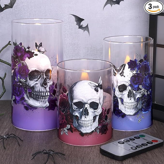 Halloween Glass Flameless Candles Romantic Gothic Skull Floral Battery Operated Remote Timer Flickering LED Pillar Candle for Wedding Party Goth Bathroom Decor