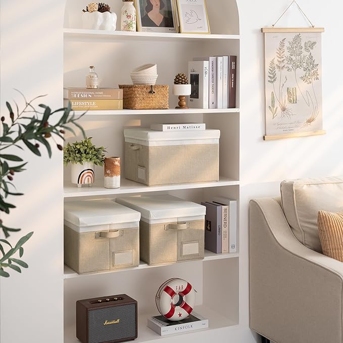 GRANNY SAYS Storage Bins with Lids, Storage Baskets for Linen Closet Shelves, Decorative Storage Boxes, Clothes Storage and Organization for Organizing, 3-Pack, Large, Khaki&Ivory