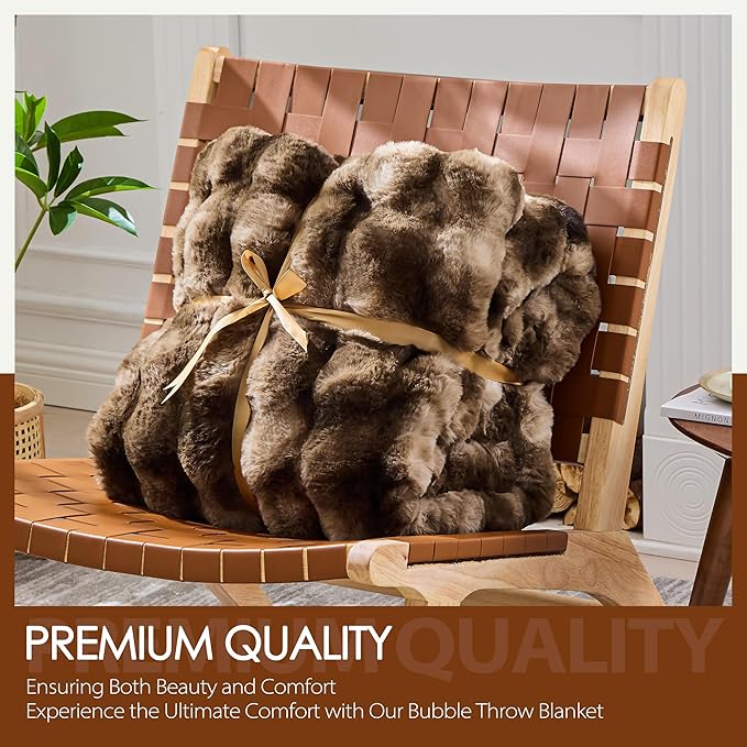 Luxury 1000GSM Faux Rabbit Fur Throw Blanket, Super Heavy Warm Cozy Blankets for Couch Bed Sofa, Bubble Plush Fuzzy Elegant Soft Reversible Mink Blanket for Living Room Bedroom, Brown