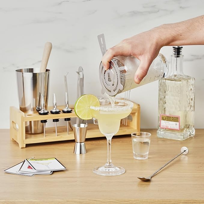 True 20-Piece Cocktail Shaker Bar Set with Wooden Stand Includes Boston Shaker, Mixing Glass, Muddler, Jigger, Strainer, Bartender Kit for Mixed Drinks, Cold Brew Cocktails, Home Bar Tools