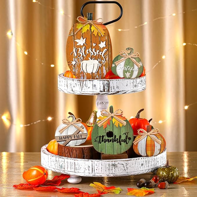 5 Pcs Fall Rustic Pumpkin Decor for Home Thanksgiving Wooden Table Centerpiece Decorations Fall Wooden Pumpkin Signs for Autumn Farmhouse Living Room Kitchen Mantle Tabletop Supplies