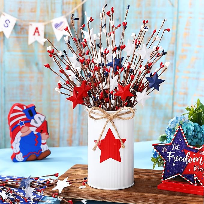 4th of July Table Centerpiece Decoration Patriotic Artificial Flower Stems Star Shaped Berry Picks with Metal Vase Pot for Independence Day Memorial Day Office Home(White and Red)