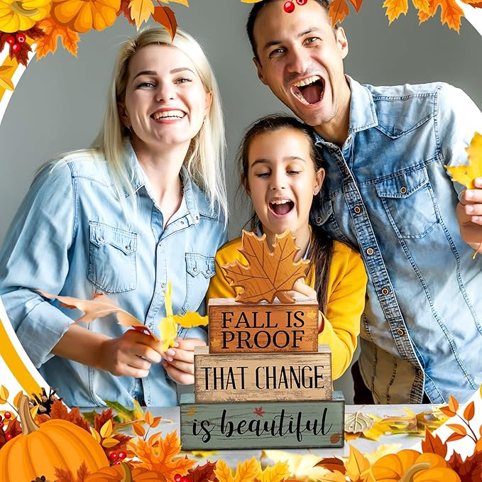 4 Pcs Fall Decoration for Home Wooden Maple Leaf Fall Tiered Tray Decor Thanksgiving Table Centerpiece Rustic Decorative Maple Leaf Block Signs Farmhouse Autumn Decoration for Home Kitchen