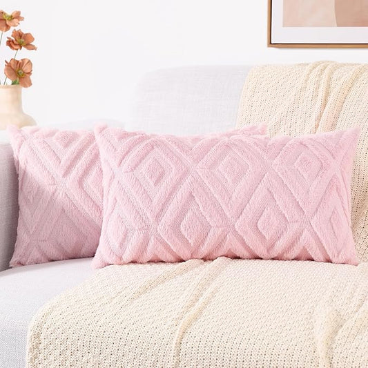 decorUhome Couch Throw Pillow Covers 12x20 Set of 2, Decorative Soft Plush Faux Wool Lumbar Neutral Accent Pillow Covers for Bed Sofa Living Room, Light Pink