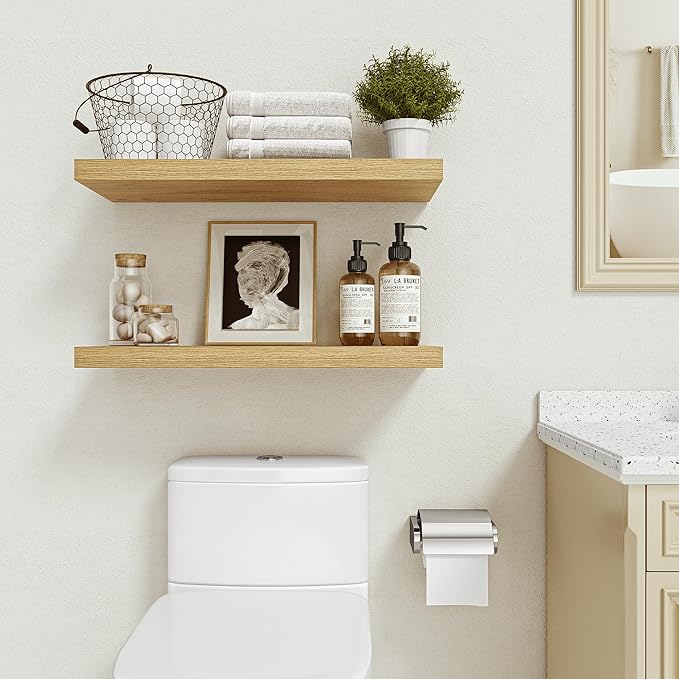 Vivelove Bathroom Floating Shelves for Wall 24 inchs Long, 9.2” deep x 1.6” Wall Shelf for Bedroom, Living Room, Kitchen, Office Home Decor, Deep Wood Shelves with Invisible Brackets, Set of 2, Oak