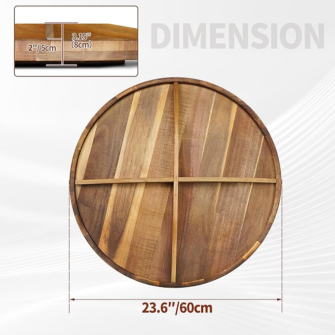 Utoplike Extra Large Acacia Wood Serving Tray, 23.6'' Round Charcuterie board, Cheese board with Rotating Base Raised Edge and Removable Dividers for Food, Snacks, Party, Dining