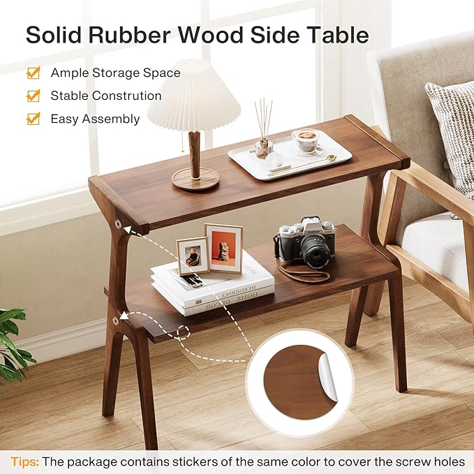 Tribesigns Set of 2 Wood End Table, Farmhouse Narrow Side Table with Storage Shelves, 2-Tier Slim Couch Side Table for Living Room, Long Bedside Table for Bedroom, Small Spaces, Rustic Brown