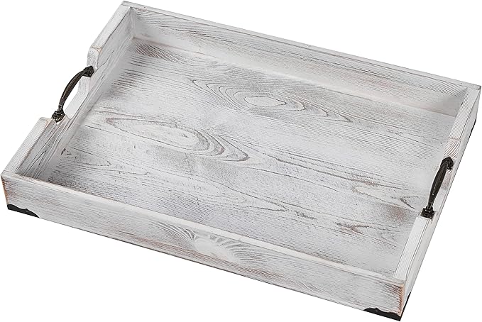 Large Wood Rectangular Serving Tray 20 x 14 Inch Rustic Wooden Ottoman Tray with Metal Handle and Wrapped Corners, Wood Coffee Table Tray Solid Pine Decorative Tray Whitewashed