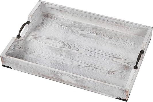 Large Wood Rectangular Serving Tray 20 x 14 Inch Rustic Wooden Ottoman Tray with Metal Handle and Wrapped Corners, Wood Coffee Table Tray Solid Pine Decorative Tray Whitewashed