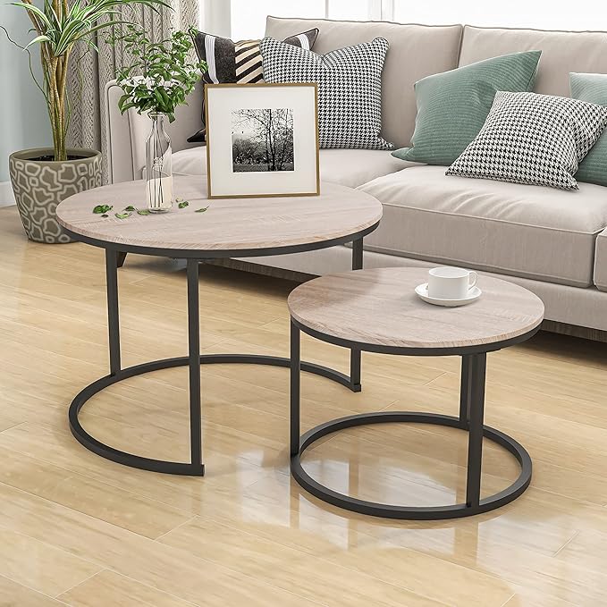 HOJINLINERO Industrial Round Coffee Table Set of 2 End Table for Living Room,Stacking Side Tables, Sturdy and Easy Assembly,Wood Look Accent Furniture with Metal Frame,Black+Teak Oak