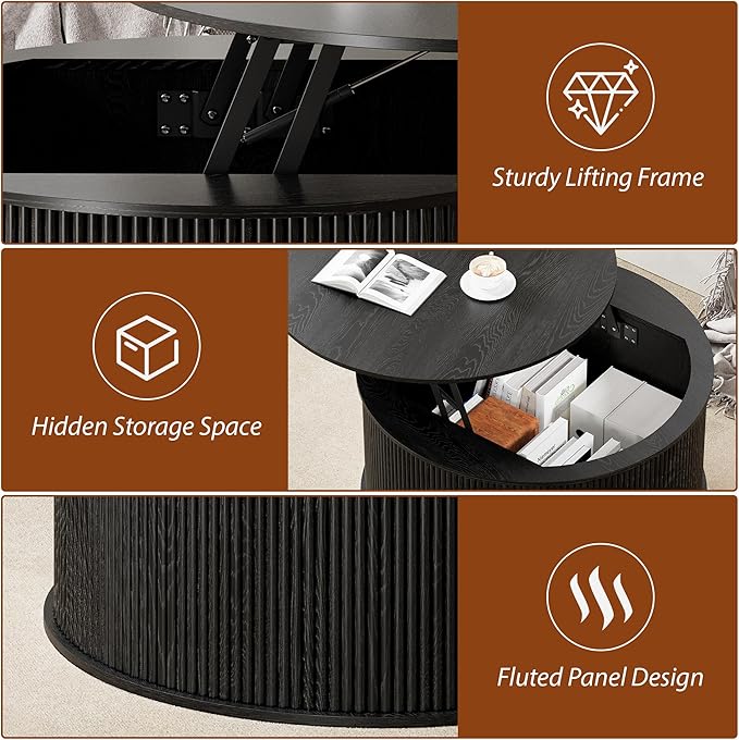 Lift Top Coffee Table, Fluted Round Coffee Table with Storage, Farmhouse Center Dining Table Circle Table for Living Room, Apartment, Home Office (Black)