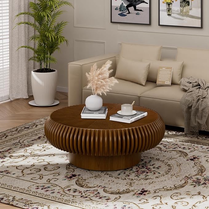 Fluted Drum Coffee Table Round Coffee Table for Living Room Mid Century Modern Coffee Tables with Sturdy Pedestal Circle Center Tea Table Accent Tea Table for Small Space Apartment (31.5" Walnut)