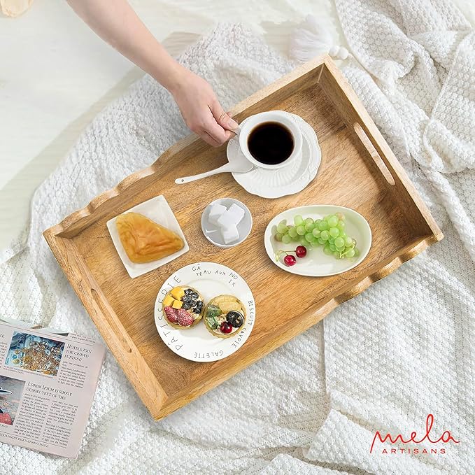 Mela Artisans Wooden Serving Tray with Handles | 15x10x1.75 inch | Mango Wood Decorative Tray| Ottoman Tray | Snacks | Desserts | Breads | Coffee Table | Bedroom | Scalloped Design