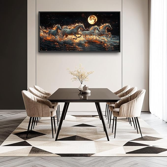 Horse Wall Art, White Horses Pictures Wall Decor, Running Animal in Moonlight Canvas Prints Painting, Large Framed Artwork for Living Room Office Bedroom Bathroom Corridor 60"x 30"