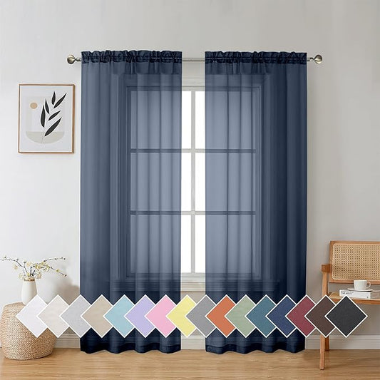 Aiyufeng Pure Sheer Window Curtains Inch 72 Length 2 PCS, Rod Pocket Voile Drapes for Bedroom Living Room, Semi Sheer Curtain Panels Window Treatments for Yard/Patio/Villa/Parlor, 40"x 72", Navy Blue