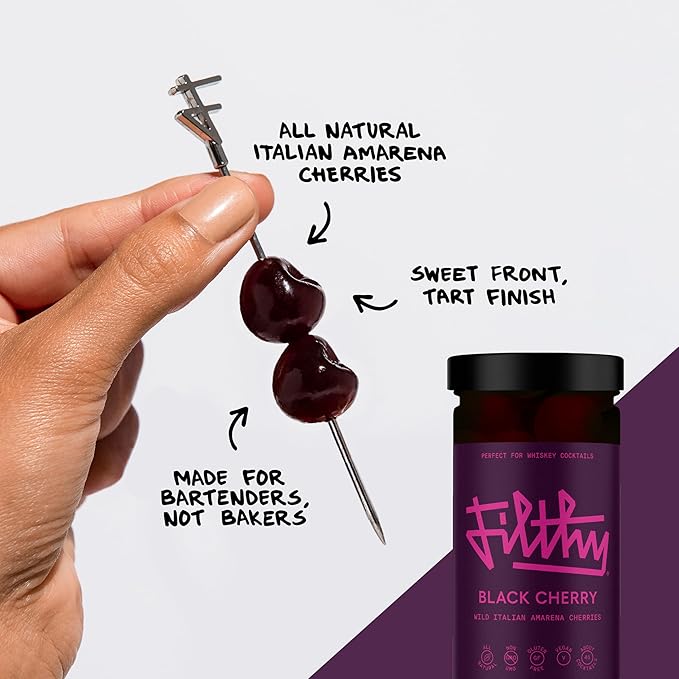 Filthy Black Cherry Whiskey Cocktail Kit, Premium Cocktail Kit for Old Fashioneds and Manhattan Cocktails at Home, Includes Black Cherry Syrup, Black Cherries & 4 Stainless Steel Cocktail Picks