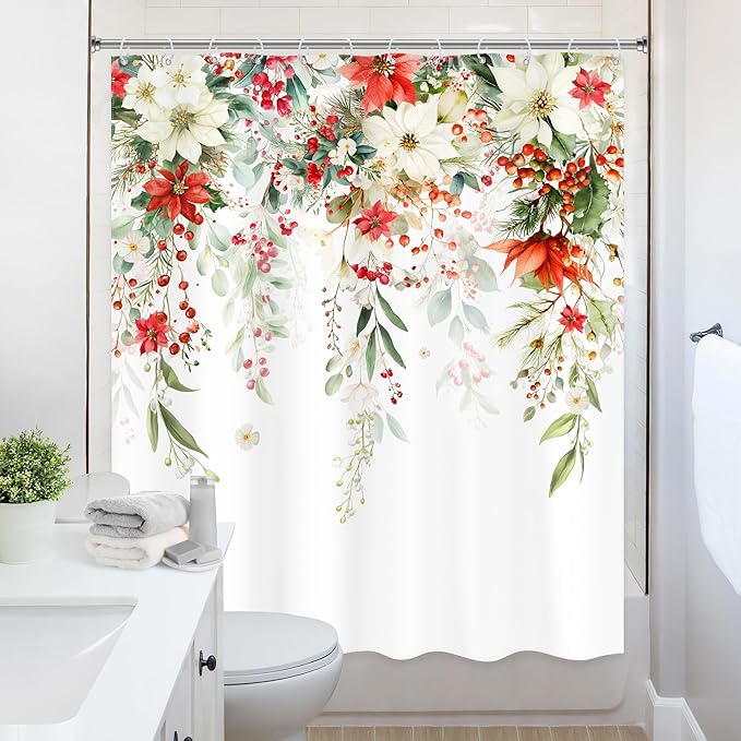 Christmas Shower Curtain 60Wx72L Inch Red Floral White Xmars Flowers Poinsettias Winter Holiday Bathroom Set Happy New Year Plant Watercolor Bath Curtain Bathtub Accessories Home Decor